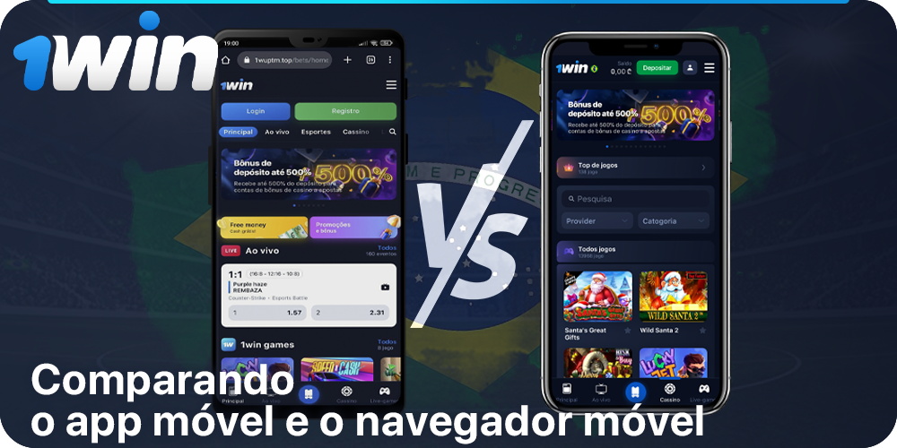 Comparação entre a versão móvel do site e o aplicativo móvel 1Win